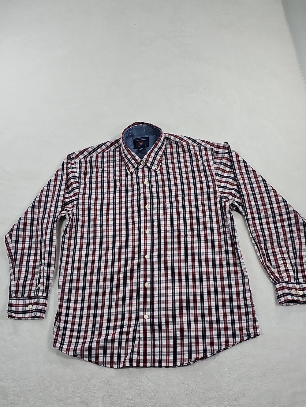 Saddlebred Mens Large Plaid Button Down Shirt Red Navy Blue Long Sleeve L